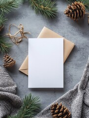 Aufkleber - Blank greeting card and envelope surrounded by pine cones and greenery on a textured surface ideal for holiday messages. Generative AI