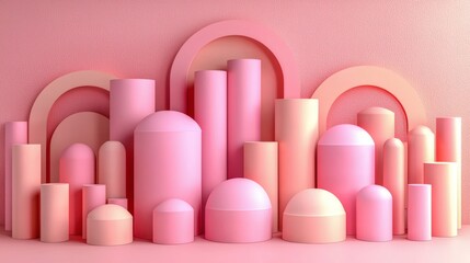 Wall Mural - Pink Geometric Abstract: A visually captivating arrangement of pink and peach geometric shapes, cylinders, and arches create a modern and minimalist abstract landscape. 