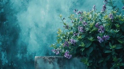 Aufkleber - Quiet corner with lush purple flowers and a textured teal background, perfect for text or quotes in a serene setting. Generative AI