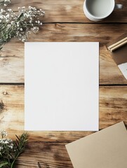 Leinwandbilder - Blank canvas ready for creativity on wooden table with flowers and coffee cup. Generative AI