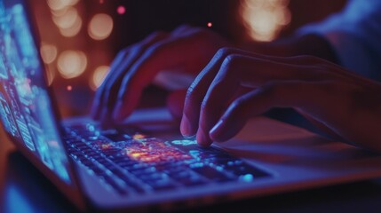 Wall Mural - A focused pair of hands ergonomic and steady expertly navigating a laptop keyboard with an elearning platform filled with interactive lessons charts and diagrams showcasing digital