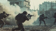 © Tom Eversley - Group of army soldiers engaging in combat in modern urban city, warfare concept background
