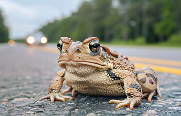 toad crossing road to spawning ground, mating season of amphibian animal, wildlife in danger, migrat