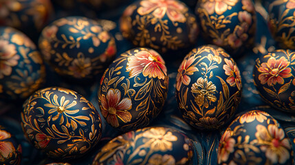 Khokhloma painting on Eggs, Vibrantly Painted Easter Eggs, a Fusion of Folk Art, Eggs on dark background