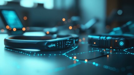 Wall Mural - A closeup of wearable health monitors on a table with luminous lines emanating from each device illustrating the realtime data they send to a mobile app for health tracking.