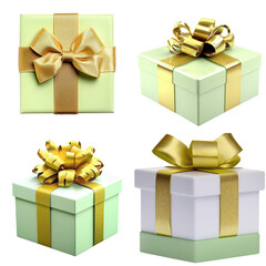 Four different colored gift boxes with bows and ribbons arranged on a white background on white background , cut out.