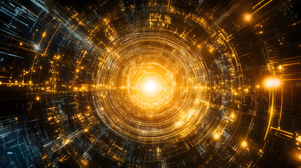 A glowing array of interconnected 3D hexagons and spheres, forming a futuristic, energetic abstract grid with vibrant lighting 