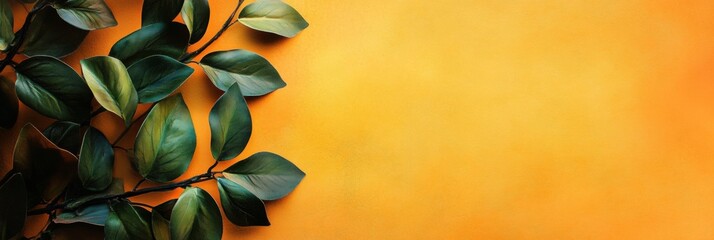 Poster - Vibrant yellow background with leafy plant elements ideal for text placement and creative projects. Generative AI