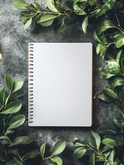 Fototapete - Blank spiral notebook surrounded by green foliage on a textured surface for creative expression and inspiration. Generative AI
