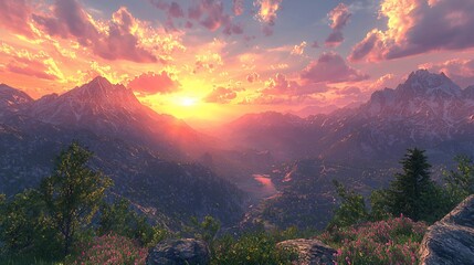 Sticker - Majestic sunset over a mountain valley, vibrant colors paint the sky and illuminate the peaks.