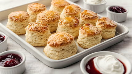 Wall Mural - A clean ceramic tray of perfectly baked scones with golden tops, surrounded by small bowls of cream and fruit preserves