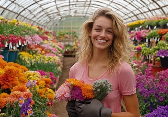 Wall Mural - A woman with blonde hair and a pink shirt, smiling while holding gardening gloves in her hands, stands inside an expansive flower greenhouse filled with colorful flowers and plants