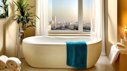 Wall Mural - bathroom and cabinet concept. Modern bathroom with a freestanding tub and city view through large windows.