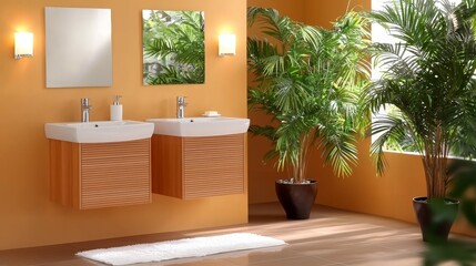 Wall Mural - bathroom and cabinet concept. Modern bathroom with twin sinks, warm tones, and lush greenery for a serene ambiance.