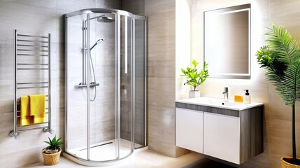 Wall Mural - bathroom and cabinet concept. Modern bathroom featuring a shower, vanity, and plants for a fresh ambiance.