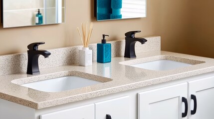 bathroom and cabinet concept. Modern bathroom sinks with stylish faucets and elegant countertop decor.