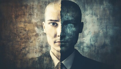 Aufkleber - Surreal Representation of Duality in Human Identity with Split Face Concept Showing Light and Dark Contrast and Emotional Depth in a Dramatic Artistic Style
