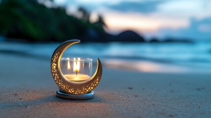 Wall Mural - Traditional candlelight shaped like a crescent moon on a beach creating a serene Ramadan Kareem background