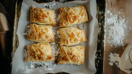 Wall Mural - A rustic tray of flaky, golden puff pastry turnovers filled with apple cinnamon, set on parchment paper with scattered flour