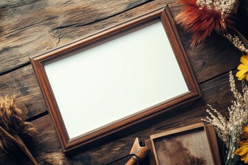 Poster - Create your own masterpiece with this blank wooden frame surrounded by dried flowers and tools for crafting. Generative AI