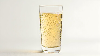 A single glass of sparkling white grape juice with visible bubbles, sitting on a neutral white background, sharp focus and bright lighting