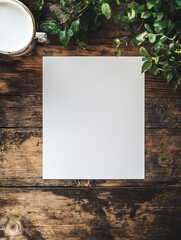 Leinwandbilder - Blank white paper on rustic wooden table surrounded by greenery and a cup of beverage offering space for creative text. Generative AI