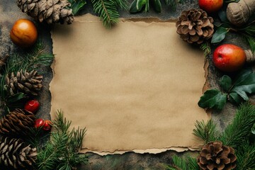 Poster - Blank parchment with seasonal decorations of pinecones, apples, and greenery for festive greetings or messages. Generative AI