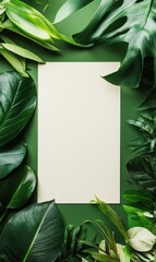 Leinwandbilder - Empty space surrounded by green leaves for text creation and tropical design mockup in nature themed setting. Generative AI
