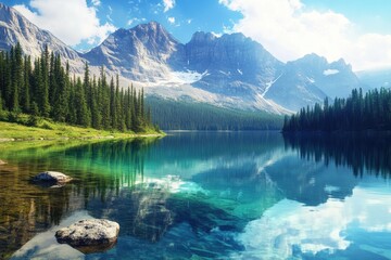 Fototapete - Stunning mountain landscape with serene lake and lush greenery under a bright blue sky. Generative AI
