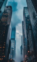 Aufkleber - Tall skyscrapers framed by a moody sky in a bustling urban setting at twilight. Generative AI