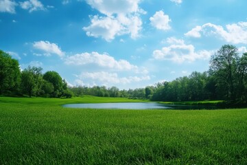 Poster - Lush green meadow with serene water body under a clear blue sky and fluffy clouds during daylight in a tranquil landscape. Generative AI