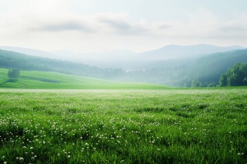 Poster - Serene green landscape with soft sunlight illuminating rolling hills and flowering fields during a peaceful morning. Generative AI