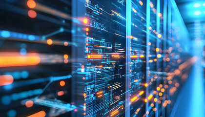 Digital tunnel with glowing streams of data, symbolizing futuristic technology and connectivity -