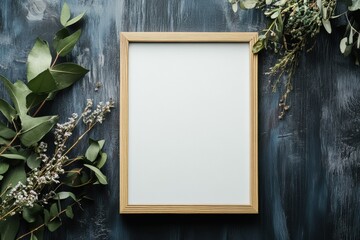Fototapete - Empty wooden frame surrounded by greenery suitable for text and creative design. Generative AI