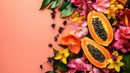 Wall Mural - Sliced papaya with black seeds and vibrant flowers on pink background