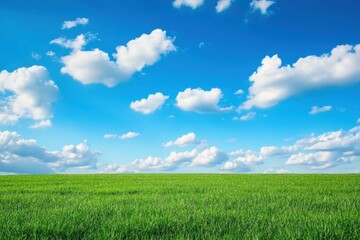 Aufkleber - Vast green field under bright blue sky with fluffy white clouds during daytime in a serene landscape. Generative AI