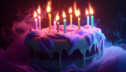Wall Mural - Festive birthday cake adorned with glowing candles -