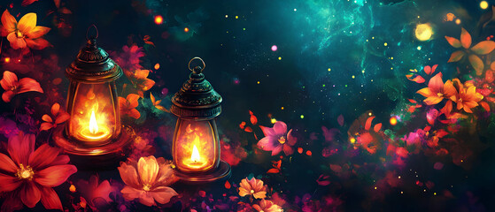 Wall Mural - Festive floral background with vibrant colors and glowing oil lamps for a celebration  -