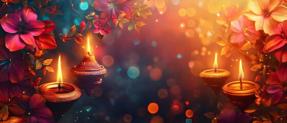 Wall Mural - Festive floral background with vibrant colors and glowing oil lamps for a celebration  -