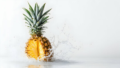 Wall Mural - Fresh pineapple creating a splash in water on a clean white background -