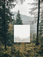Aufkleber - Text space in a serene forest scene with fog and tall trees in early morning light. Generative AI