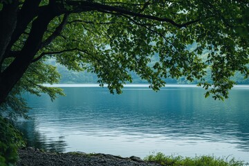 Poster - Serene lakeside view with tranquil water reflecting surrounding greenery for peaceful contemplation or relaxation. Generative AI