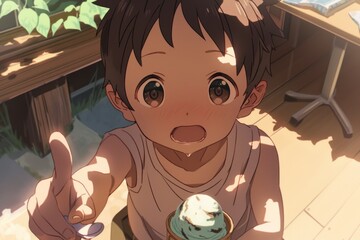 Cute Boy with Ice Cream in Summer . Anime style