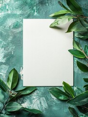 Leinwandbilder - Creative design space with empty canvas surrounded by green leaves on textured background. Generative AI