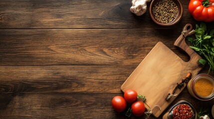 Aufkleber - Natural ingredients and spices arranged on wooden surface for culinary creations and meal preparation. Generative AI