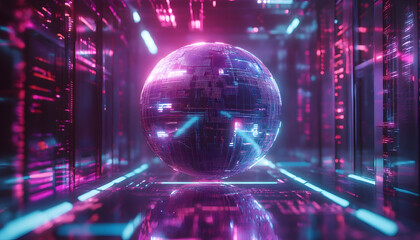 futuristic technology globe with holographic effects, cyberpunk-inspired network design -