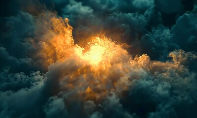 Wall Mural - A dramatic scene of swirling clouds illuminated by a fiery glow, evoking a sense of mystery and awe.