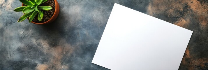 Leinwandbilder - Blank white sheet on textured surface with green plant nearby ready for text or design ideas. Generative AI