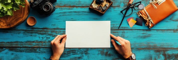 Leinwandbilder - Create your next project with an empty piece of paper on a vibrant blue wooden table surrounded by creative tools. Generative AI