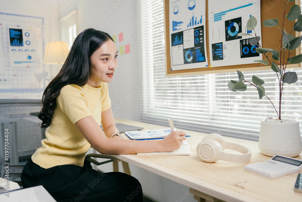 Young businesswoman multitasks during a meeting, taking notes and ...